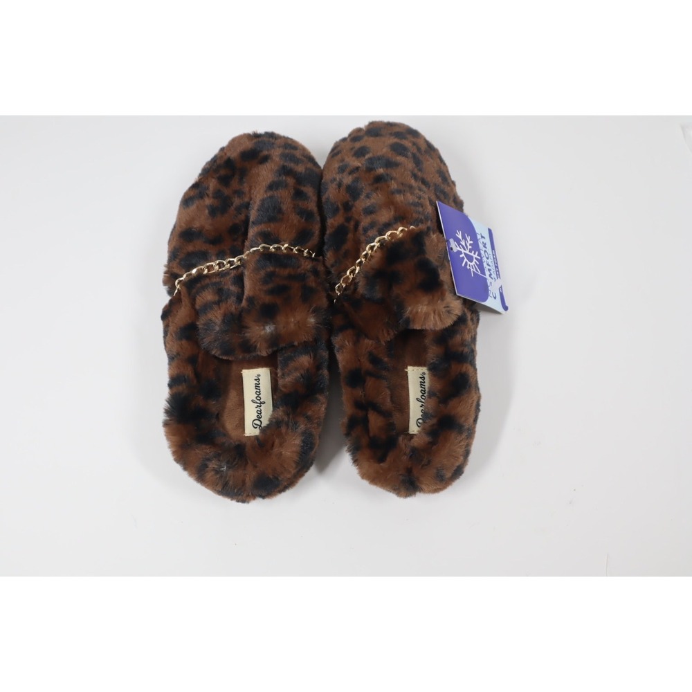 Dearfoams Women's Faux Fur Cheetah Print Slippers with Gold Chain Accent - S 5-6